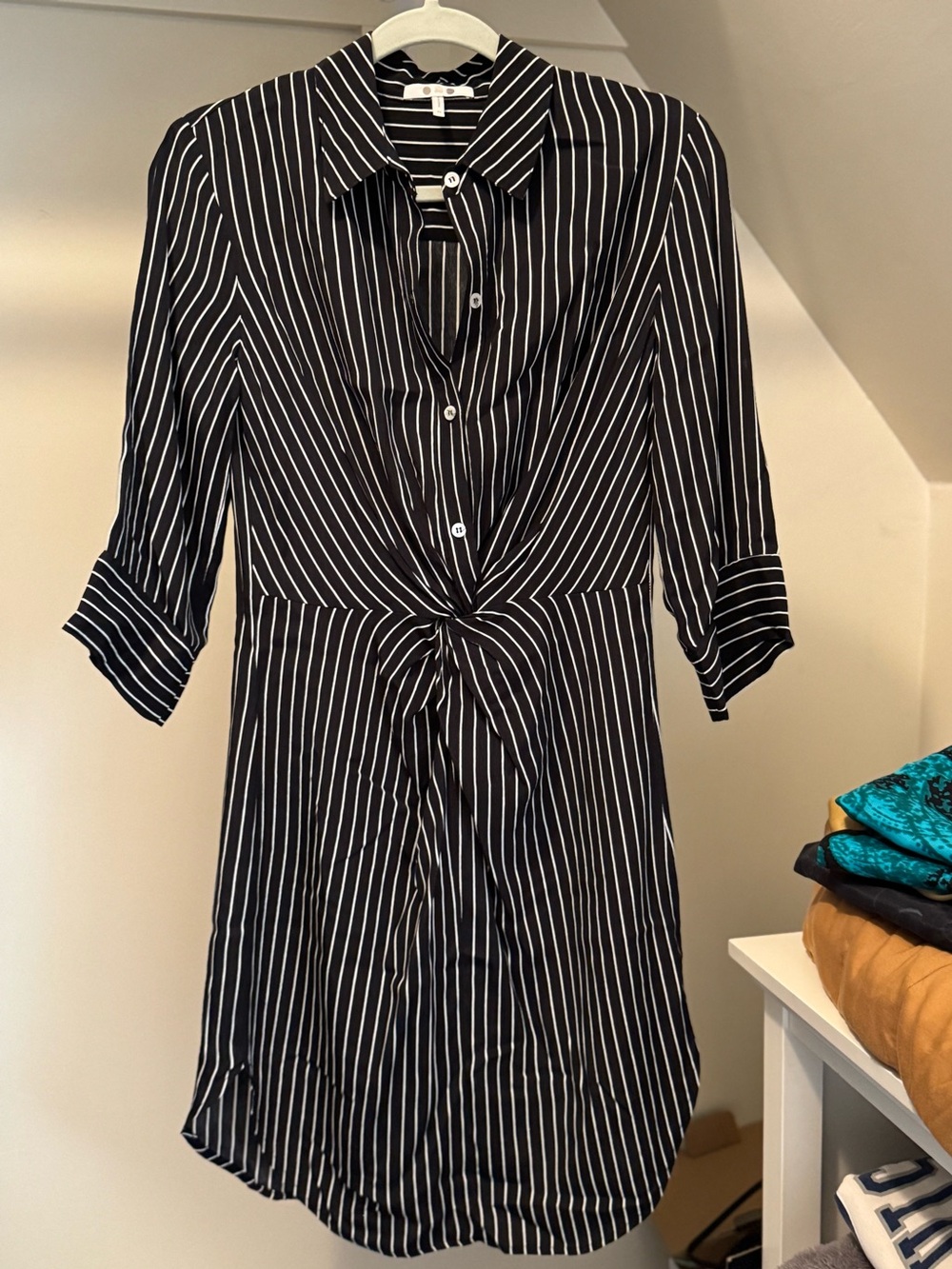 Black Stripe Twist-Front Shirt Dress